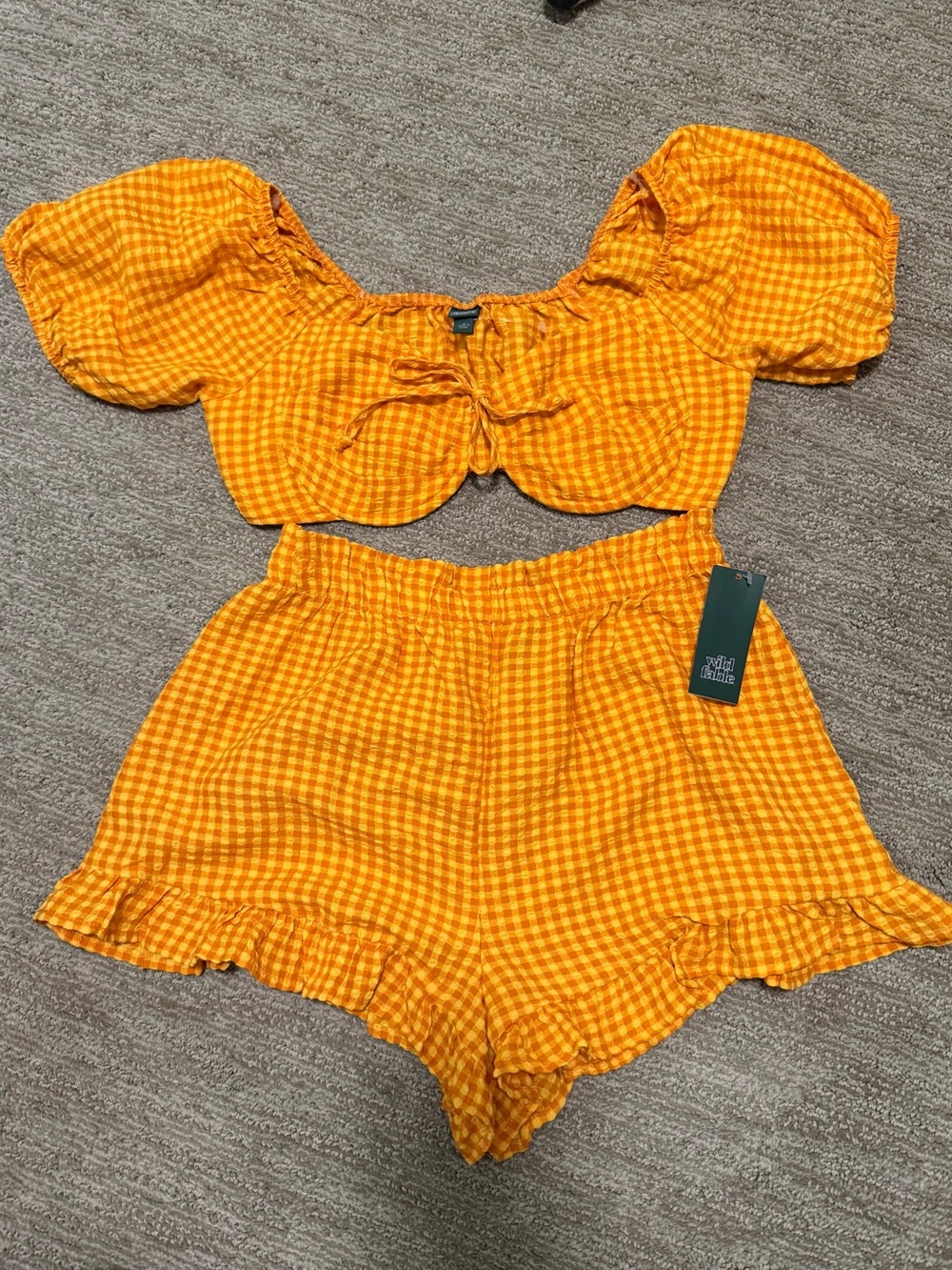 Yellow Gingham Puff-Sleeve Shorts Set - NWT